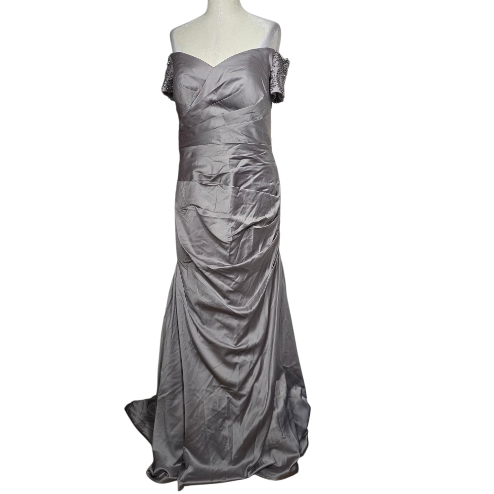 La Femme Silver Studded Off Shoulder Maxi Gown Back Zip Dress 10